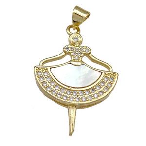 Copper Girls Charms Pendant Pave Shell Zircon Dancer 18K Gold Plated, approx 20-26mm