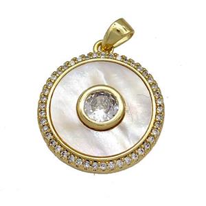 Copper Circle Pendant Pave Shell Zircon 18K Gold Plated, approx 18mm