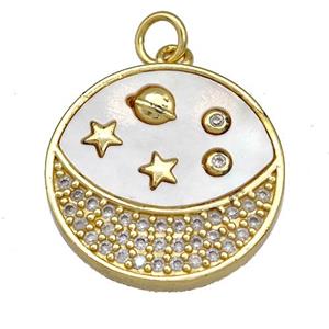 Copper Moon Pendant Pave Shell Zircon Planet 18K Gold Plated, approx 20mm