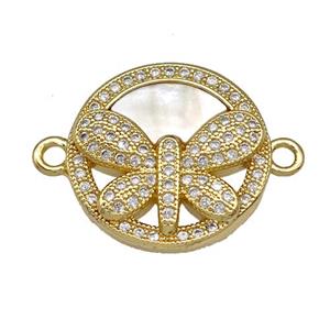 Copper Butterfly Connector Pave Shell Zirconia 18K Gold Plated, approx 18mm