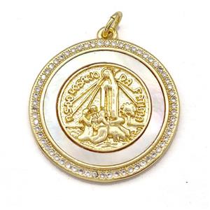 Jesus Charms Copper Pendant Pave Shell Zircon Circle Religious 18K Gold Plated, approx 23mm