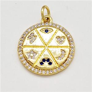 Symbol Medallion Charms Copper Circle Pendant Pave Zircon Evil Eye Moon Star Gold Plated, approx 17mm