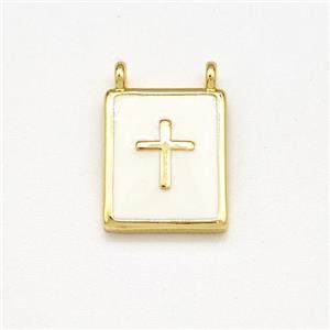 Copper Rectangle Pendant Cross White Enamel 2loops Gold Plated, approx 10-12mm