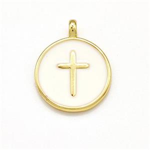 Copper Circle Pendant Cross White Enamel Gold Plated, approx 15mm