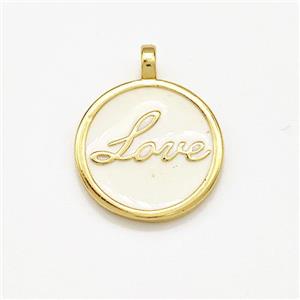 Copper Circle Pendant Love White Enamel Gold Plated, approx 15mm