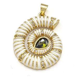 Nautilus Charms Copper Conch Shell Pendant Pave Zirconia White Enamel Gold Plated, approx 24-28mm