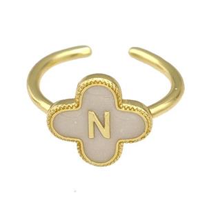 Copper Clover Rings Letter-N Painted Gold Plated, approx 13mm, 18mm dia