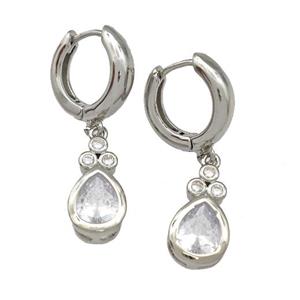 Copper Hoop Earrings Pave Zircon Teardrop Platinum Plated, approx 8.5-16mm, 15mm dia