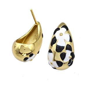 Copper Teardrop Stud Earrings Black White Enamel Hollow Gold Plated, approx 11.5-20mm