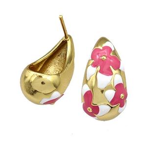 Copper Teardrop Stud Earrings Red White Enamel Hollow Gold Plated, approx 11.5-20mm