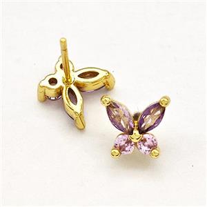 Copper Butterfly Stud Earrings Pave Zirconia Gold Plated, approx 8mm