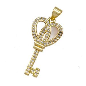 Copper Key Pendant Pave Shell Zirconia 18K Gold Plated, approx 14-25mm