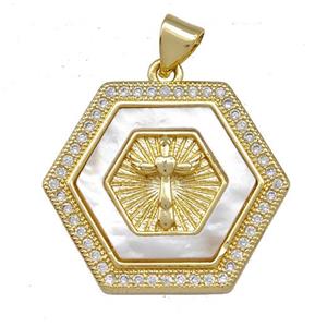 Copper Hexagon Pendant Pave Shell Zirconia Cross 18K Gold Plated, approx 21-24mm