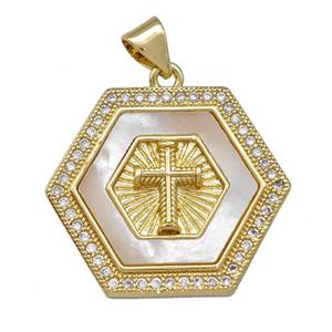 Copper Hexagon Pendant Pave Shell Zirconia Cross 18K Gold Plated, approx 21-24mm