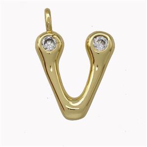 Copper Pendant Pave Zirconia Letter-V Gold Plated, approx 11-18mm