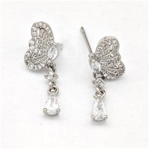 Copper Butterfly Earrings Stud Pave Zirconia Platinum Plated, approx 4-6mm, 8-11.5mm