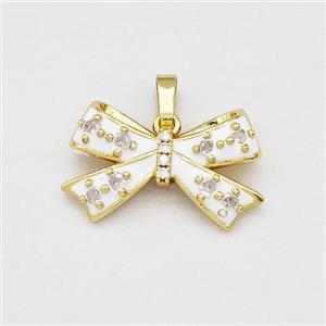 Copper Bow Pendant Pave Zirconia White Enamel Gold Plated, approx 13-20mm