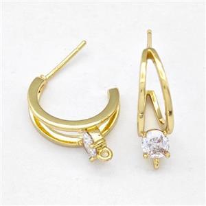 Copper Earring Studs Pave Zirconia Gold Plated, approx 5mm,17mm