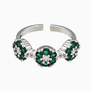 Copper Flower Rings Pave Green Zirconia Platinum Plated, approx 7mm, 18mm dia