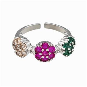 Copper Flower Rings Pave Multicolor Zirconia Platinum Plated, approx 7mm, 18mm dia