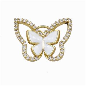 Copper Butterfly Pendant Pave Zirconia White Enamel Gold Plated, approx 15-19mm