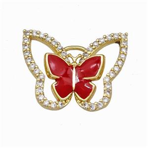 Copper Butterfly Pendant Pave Zirconia Red Enamel Gold Plated, approx 15-19mm