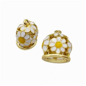 Copper Bell Pendant Daisy White Enamel Gold Plated, approx 9-11mm