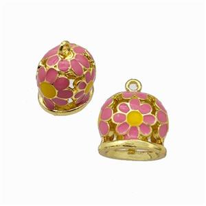 Copper Bell Pendant Daisy Pink Enamel Gold Plated, approx 9-11mm