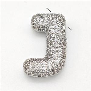 Copper Letter-J Pendant Micro Pave Zirconia Platinum Plated, approx 15-22mm