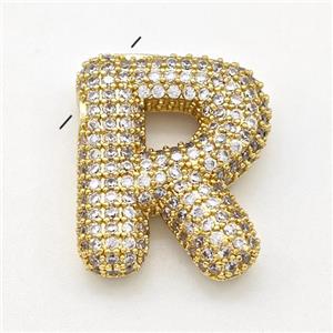 Copper Letter-R Pendant Micro Pave Zirconia Gold Plated, approx 15-22mm