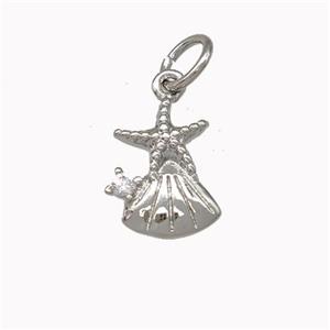 Starfish And Shell Charms Copper Pendant Pave Zirconia Platinum Plated, approx 8-10mm