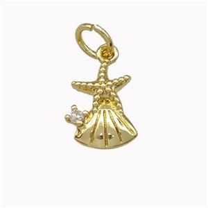 Starfish And Shell Charms Copper Pendant Pave Zirconia Gold Plated, approx 8-10mm