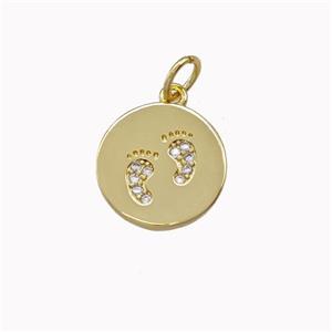 Copper Coin Pendant Pave Zirconia Footprints Gold Plated, approx 12.5mm