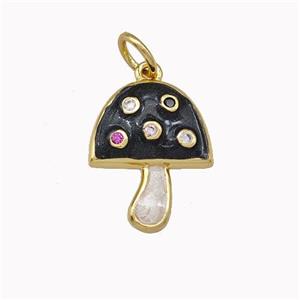 Copper Mushroom Pendant Pave Zirconia White Black Enamel Gold Plated, approx 12-15mm