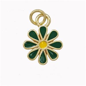 Copper Daisy Flower Pendant Green Enamel Gold Plated, approx 12mm