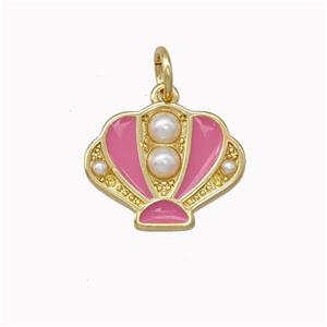 Scallop shell Charms Copper Pendant Pave Pearlized Resin Pink Enamel Gold Plated, approx 12-15mm