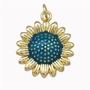 Copper Sunflower Pendant Teal Painted Gold Plated, approx 18mm