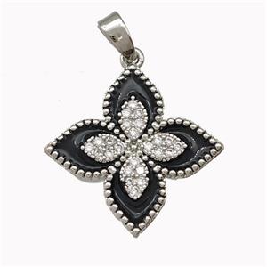 Copper Clover Pendant Micro Pave Zirconia Black Enamel Platinum Plated, approx 20mm