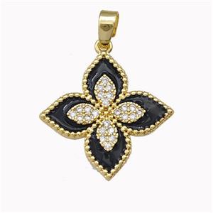 Copper Clover Pendant Micro Pave Zirconia Black Enamel Gold Plated, approx 20mm