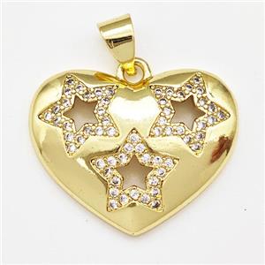 Copper Heart Pendant Micro Pave Zirconia Star Gold Plated, approx 16-22mm