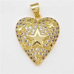 Copper Heart Pendant Micro Pave Zirconia Star Gold Plated, approx 18-20mm