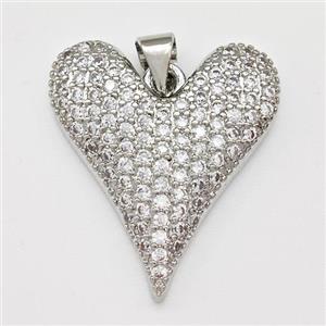 Copper Heart Pendant Micro Pave Zirconia Platinum Plated, approx 22-24mm