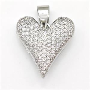 Copper Heart Pendant Micro Pave Zirconia Platinum Plated, approx 19-20mm