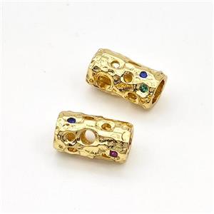 Copper Tube Beads Micro Pave Zirconia Hollow Large Hole Gold Plated, approx 6-11mm, 4mm hole