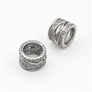 Copper Tube Beads Micro Pave Zirconia Large Hole Hollow Platinum Plated, approx 10mm, 7mm hole