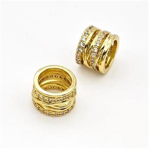 Copper Tube Beads Micro Pave Zirconia Large Hole Hollow Gold Plated, approx 10mm, 7mm hole