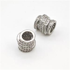 Copper Tube Beads Micro Pave Zirconia Large Hole Hollow Platinum Plated, approx 9mm, 5mm hole