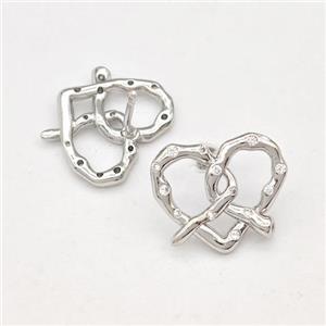 Copper Heart Stud Earring Pave Zirconia Platinum Plated, approx 13-15mm