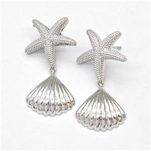 Copper Starfish Stud Earring With ScallopShell Platinum Plated, approx 17mm, 20mm