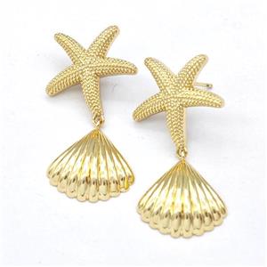 Copper Starfish Stud Earring With Sea Shell Gold Plated, approx 17mm, 20mm